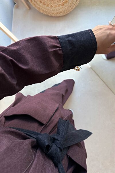 Ka Hijab Çift Renk Garnili İkili Kot Takım - Bordo