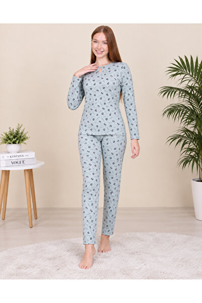yula store Women's Long Sleeve Interlock Fabric Complete Patterned Pajama Set...