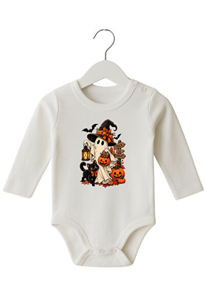babytex Ghost Cat Pumpkin Printed 100% Cotton Long Sleeve Baby Bodysuit