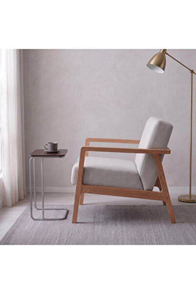 Setoso Atelier Sven İskandinav Masif Ahşap Gri Keten Kumaş Tekli Koltuk Berjer