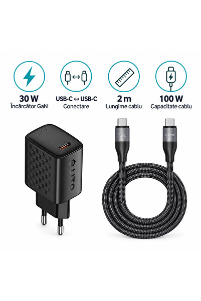 Lito Kit Lito, Încărcător GaN 30W + Cablu USB-C la USB-C 100W, 2m, negru