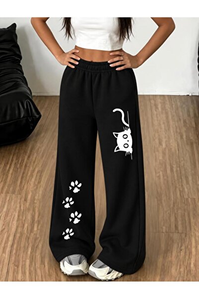 LOUİSA Mother-Daughter Combination Cat Printed Black Wide-Leg Sweatpants (Price Is for One Piece)