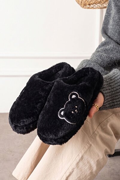 FUGA MODA Kogi Black Teddy Bear Detailed Plush Women's Winter House Slippers