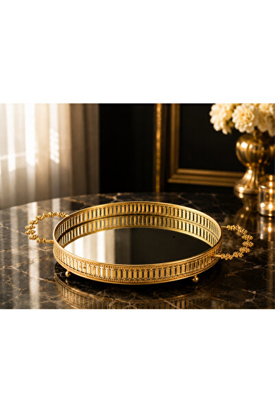 Yuvarlak Metal Aynalı Tepsi - Gold - 25*25*4