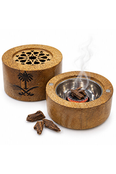 MDK Wooden Bakhoor Burner with Lattice Cover & Metal Bowl, Saudi Palm and Swo...