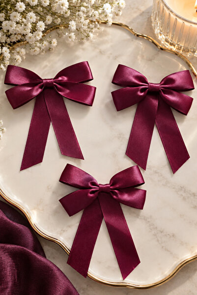 ABİYEKİDS Burgundy Satin Ribbon Hair Clip 3 Pieces Abt001