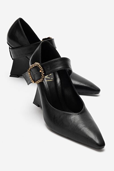 LuviShoes Lyons Black Leather Buckle Women's Wedge Heeled Shoes