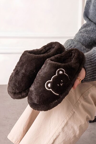 FUGA MODA Kogi Brown Teddy Bear Detailed Plush Women's Winter House Slippers