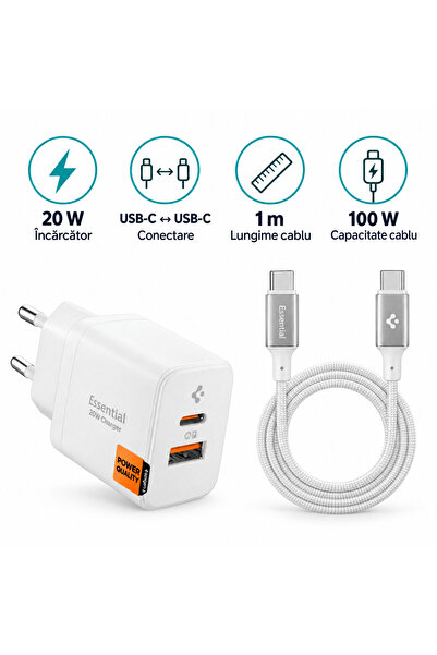 Spigen Σετ, Φορτιστής 20W + Καλώδιο USB-C σε USB-C 100W, 1μ, λευκό