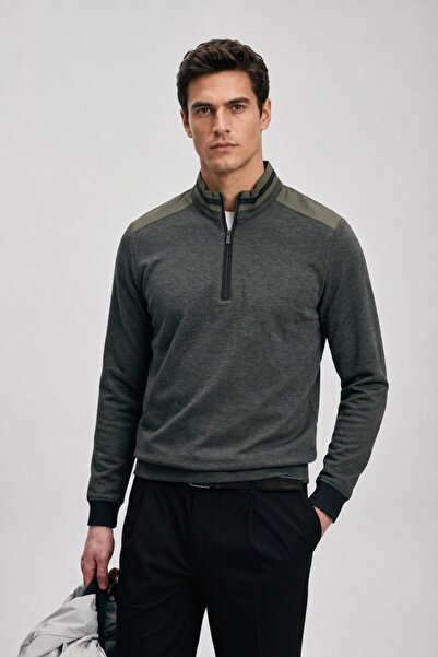 Maccali Men's Zippered Stand Collar Khaki Winter Sweatshirt