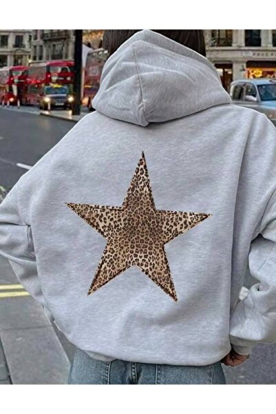 LOUİSA Women's Hooded Back Leopard Star Printed Gray 2 Thread Raster Sweatshirt