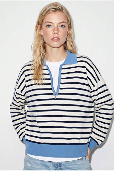 Bianco Lucci Kadın Polo Yaka Fermuarlı Çizgili Oversize Triko Kazak 2757 60286481