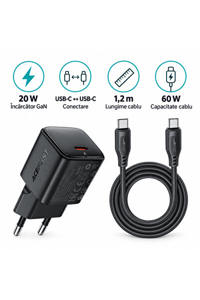 Acefast Kit Acefast, Încărcător GaN 20W + Cablu USB-C la USB-C 60W, 1,2m, negru
