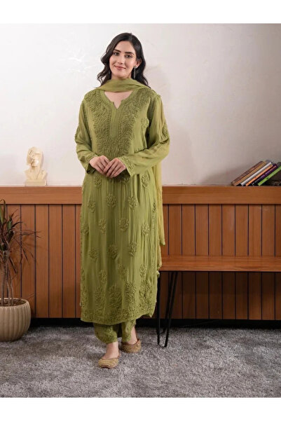 MYSMAR Olive Green Lucknowi Chikankari Georgette Suit Set - FFT5832 | Olive G...