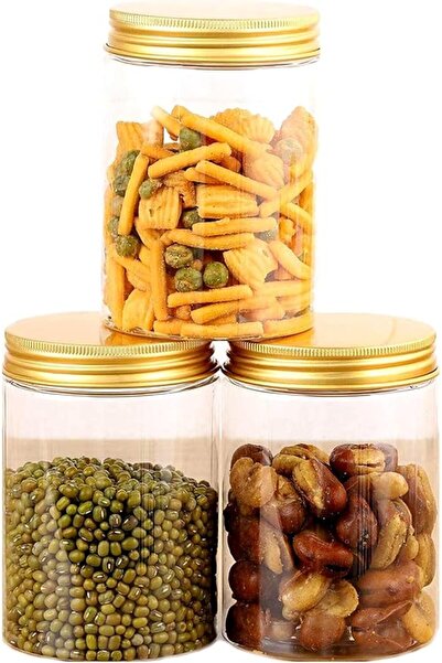 Alsaqer Round Spice Plastic Jar with Gold Lid 3-Pieces Set, 850 ml Capacity