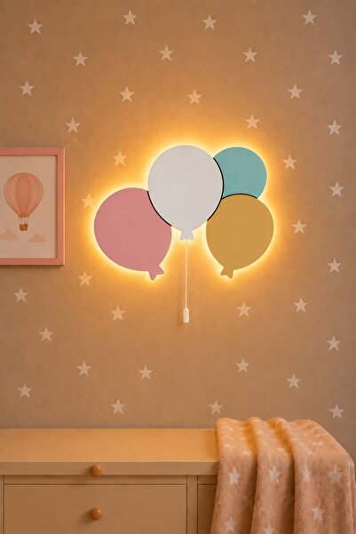 BugyBagy El Boyaması Ahşap Çoklu Balon Pilli Ledli Gece Lambası Bebek Çocuk O...