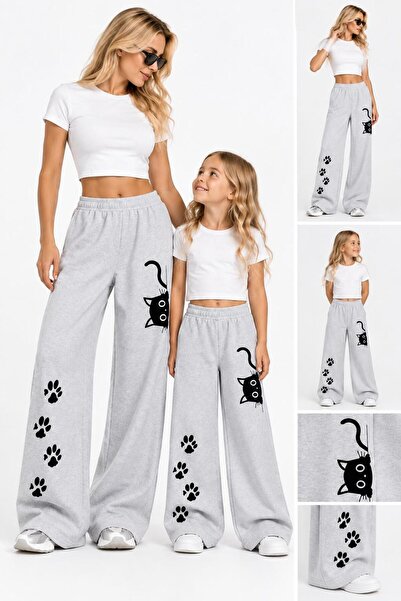 trendyears Mother-Daughter Combination Cat Printed Gray Wide-Leg Sweatpants (...