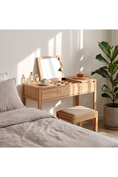 Setoso Atelier Sigrid İskandinav Doğal Meşe Masif Katlanır Aynalı Makyaj Masası ve Puf Seti