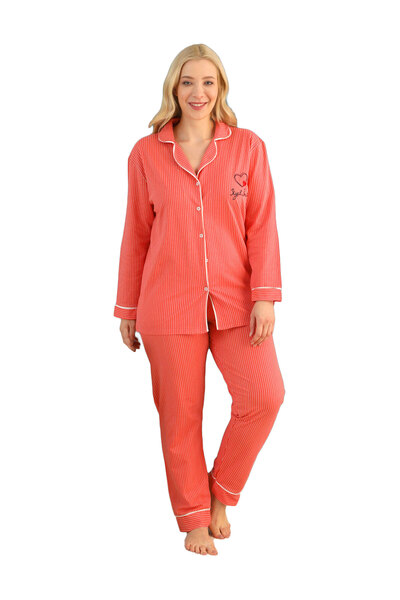 SeXen Πιτζάμα γυναικεία Plus Size πικέ με κουμπιά Salmon Bright - Σομόν