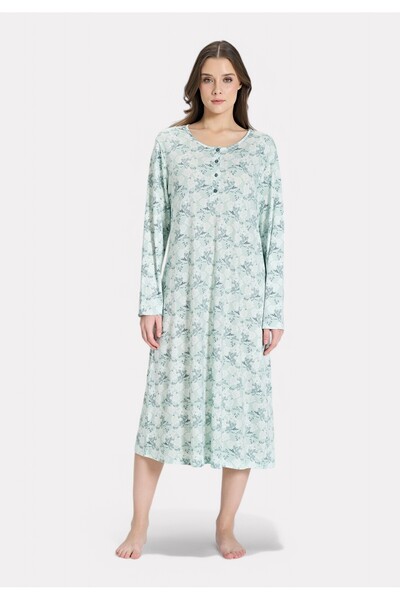 Pijadore Floral Νυχτικιά – Μακρυμάνικη με Κουμπιά (Πράσινη Mint) - Πράσινο