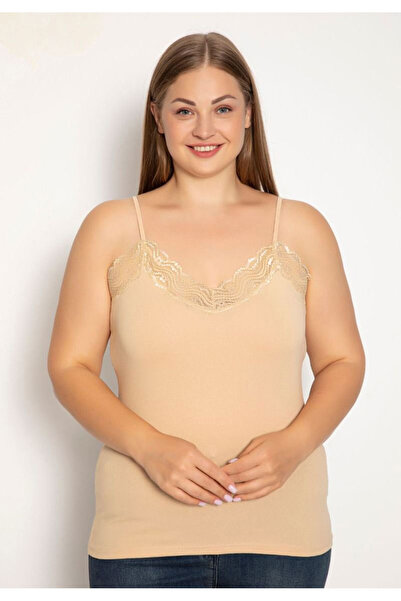 Siyah İnci Φανελάκι γυναικείο Plus Size με λεπτή τιράντα και δαντέλα - Μπεζ