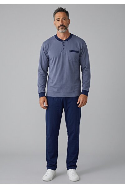 COLLECTİON Ανδρική Πιτζάμα Henley Φούτερ 65% Βαμβάκι Ελληνικής Κατασκευής Μπλ...