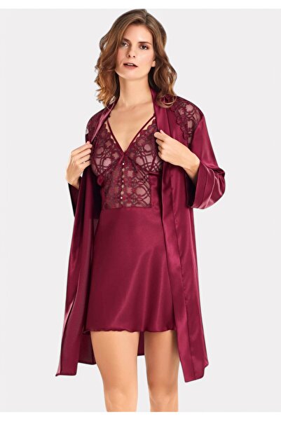 MOONGIRL Σετ Ρόμπα - Νυχτικό Lingerie Satin Wine - Μπορντώ