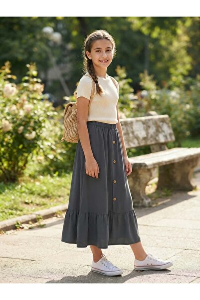 ASALEA Girl's Long Skirt with Buttons on the Front and Elastic Waist (Our Pro...