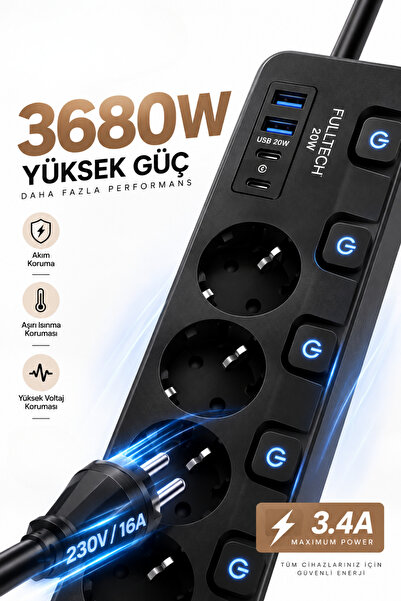 Yussraw FTR-31 Akım Korumalı Priz Siyah 9’lu (5 Priz + 2 USB-A + 2 USB-C) 3680W 16A, 2 Metre Kablolu