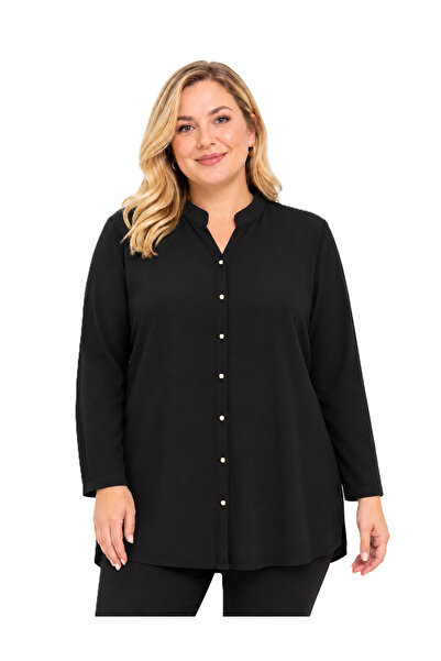Pelek Butik Büyük Beden Viskon Gömlek-Siyah PB484