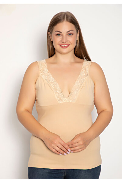 Siyah İnci Φανελάκι γυναικείο Plus Size με φαρδιά τιράντα Lace - Μπεζ