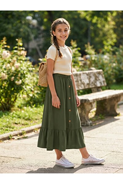ASALEA Girl's Long Skirt with Buttons on the Front and Elastic Waist (Our Pro...