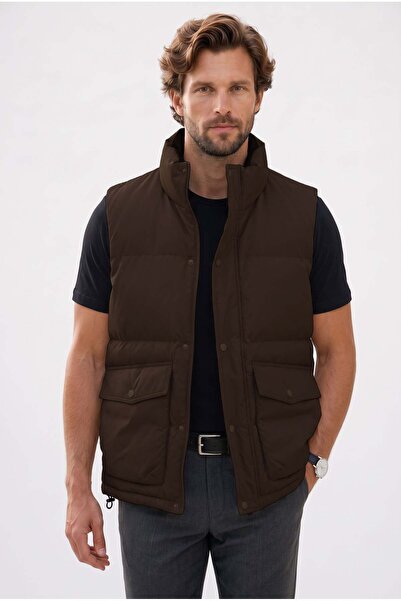 Tudors Men's relaxed fit stand collar brown puffer vest with concealed zipper...