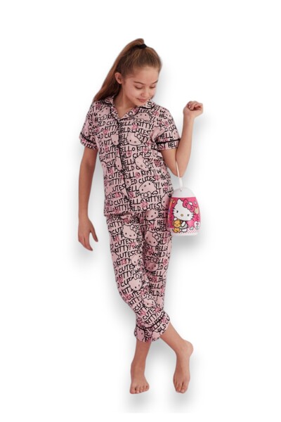 Siyah İnci Πιτζάμα παιδική με κουμπιά Hello Kitty Pink Love - Ροζ