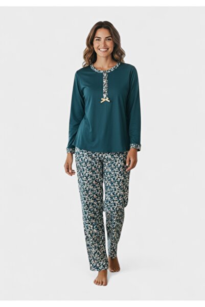 COLLECTİON Γυναικεία Πιτζάμα Βαμβακερή Floral Green - Πράσινο