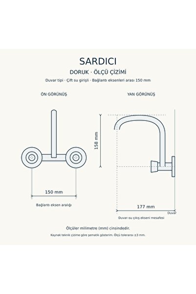 Sardıcı Doruk Krom Duvar Tipi Dik Borulu Mutfak Evye Bataryası Çift Su Girişli Dirsek Rozet Dahil