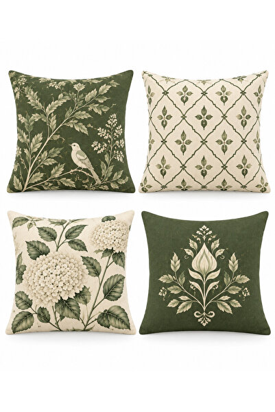 Nari Collections Botanical Heritage Set of 4 Cushion Covers 43X43 cm – Premium Suede with Green Botanical Pattern, Hidden Zipper