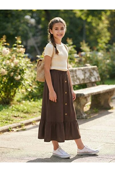ASALEA Girl's Long Skirt with Buttons on the Front and Elastic Waist (Our Pro...