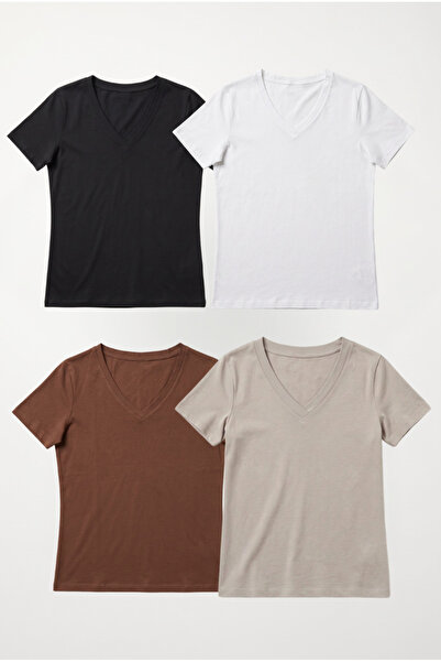 Kadın Kısa Kollu V Yaka Basic T-shirt (4'lü set)