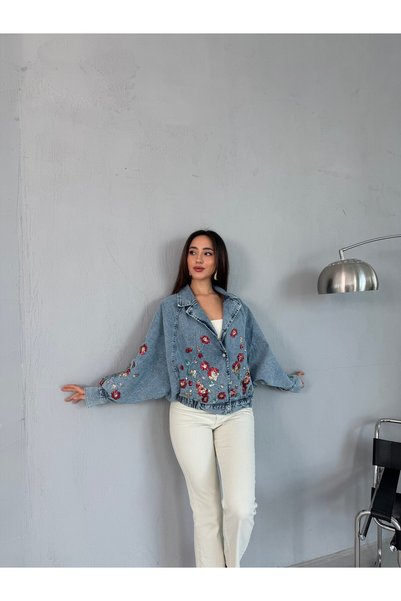 Serica Moda Blue Floral Embroidered Sequined Denim Jacket