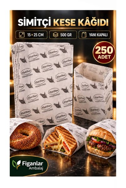 figanlar ambalaj 250 adet Baskılı Simit Kese Kağıdı 15x25 cm Beyaz Yağlı Yanı...