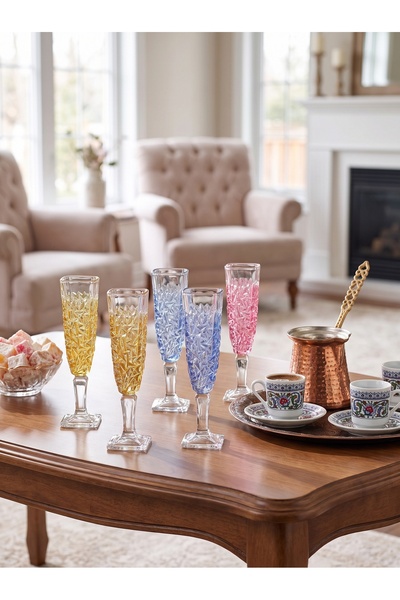 zaTen Pazar 6 Adet Premium Renkli Kristal Kesim Kadeh Bardak Seti