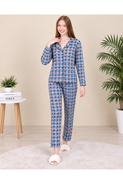 SGİ Women's Long Sleeve Shirt Collar Front Buttoned Interlock Fabric Plaid Pa...