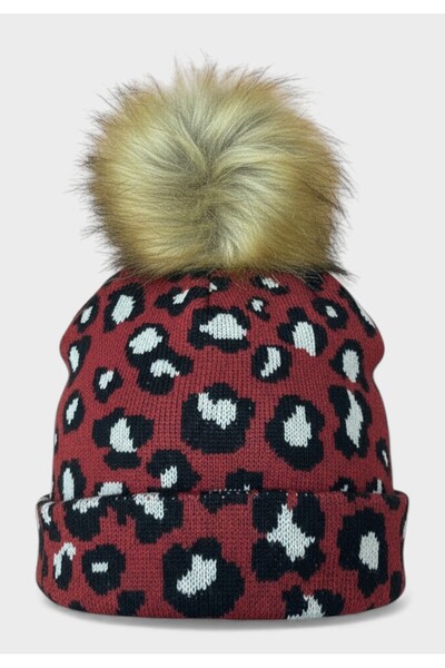 Suyutti Γυναικείος Σκούφος με Pom Pom Leopard SYT – Κόκκινο – 100% Polyester