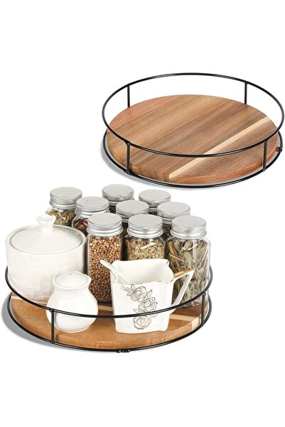 Paporich 9" Acacia Wood Lazy Susan Organizers with Steel Sides, Lazy Susan Tu...