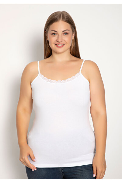 Siyah İnci Φανελάκι γυναικείο Plus Size με λεπτή τιράντα και δαντέλα - Λευκό