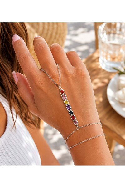 ACAR TAKI Silver Color Chain with Colorful Stones Şahmeran Acr9782