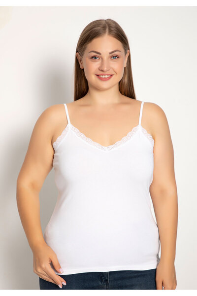 Siyah İnci Φανελάκι γυναικείο Plus Size με λεπτή τιράντα Lace - Λευκό