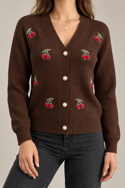 Beyome Women's Cherry Embroidered Knitwear Cardigan V-Neck Buttoned Knitted S...