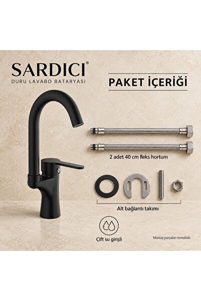 Sardıcı Duru Siyah Lavabo Bataryası Pirinç Gövde Çift Su Girişli Tam Takım
